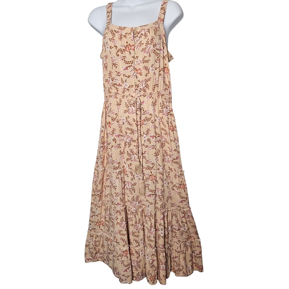 Sunday Mi Amor Womens Floral Tiered Maxi Dress Size S Beige Boho Cottagecore